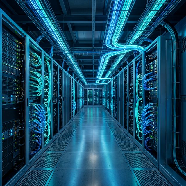 Futuristic data center interior with glowing fiber optic cables representing digital transformation